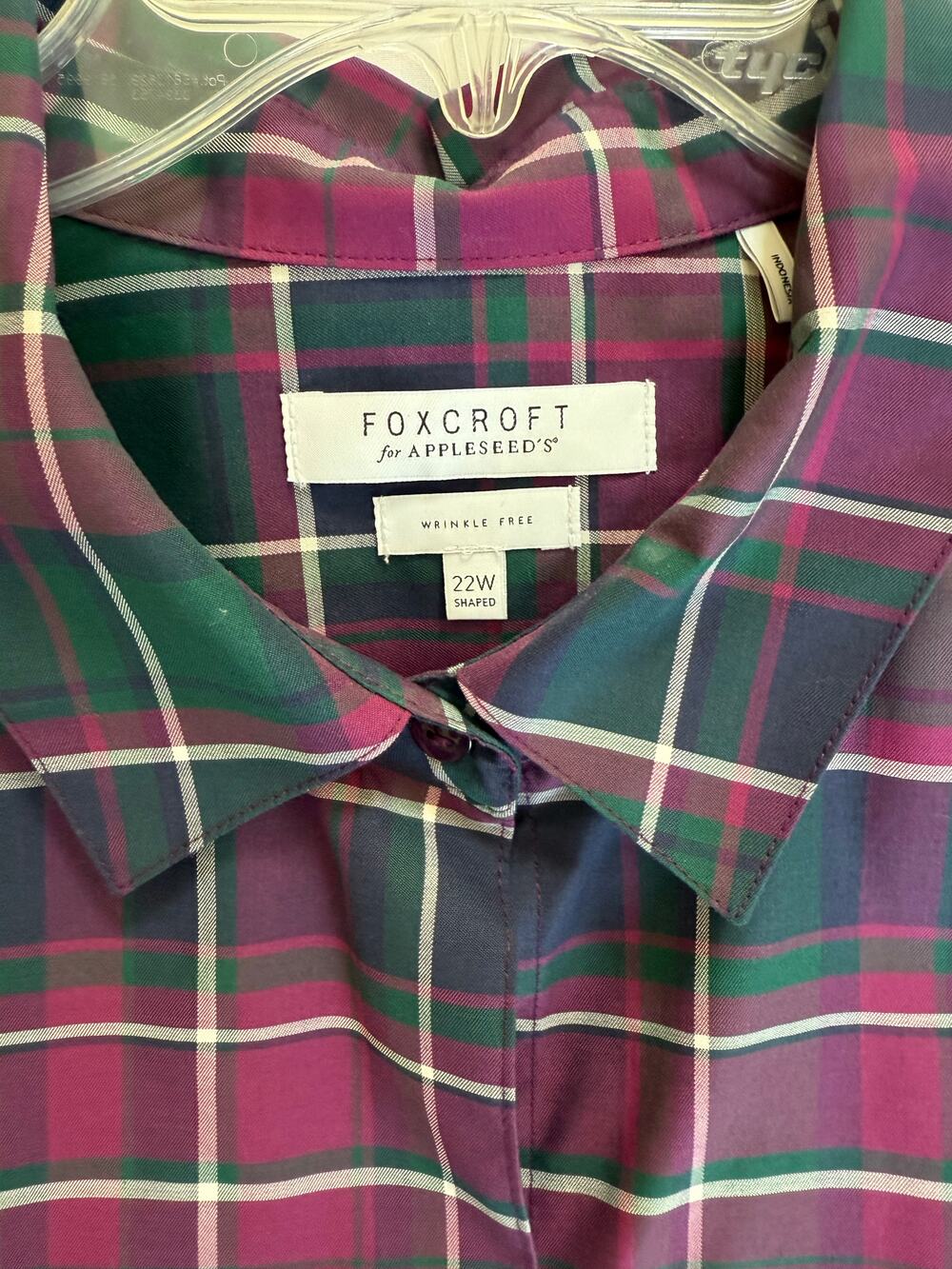 Foxcroft Appleseed's Wrinkle Free 22W Shaped Fit Purple Green Gingham Women's
